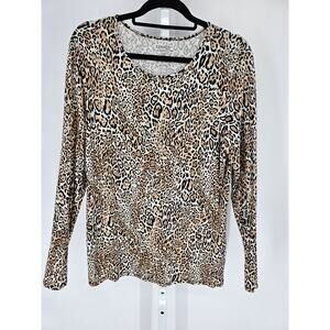 Chicos Womens Sz 2 (M) Long Sleeve Scoop neck Ultimate Tee Cheetah Print